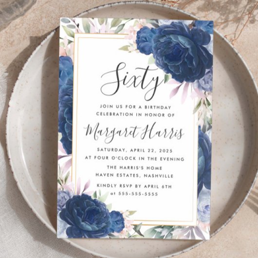 Invitation Bleu Rose Floral Gold Frame 60e Soixante Anniversa