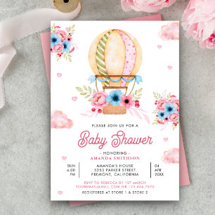 Invitation Bleu rose Floral Hot Air Balloon Baby shower fille