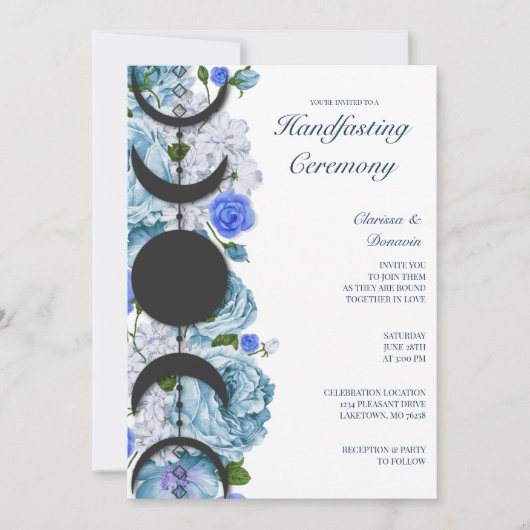 Invitation Bleu Rose Floral Lune Phase Wiccan Handfasting (Devant)