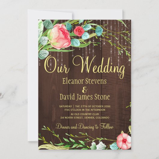 Invitation Bleu rose lampes à cordes rustiques grange mariage (Devant)