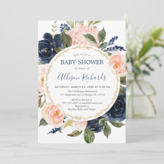 Invitation Bleu rose marine bleu or élégant baby shower (Debout devant)