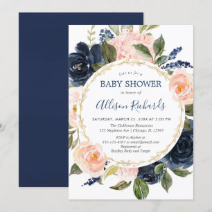 Invitation Bleu rose marine bleu or élégant baby shower