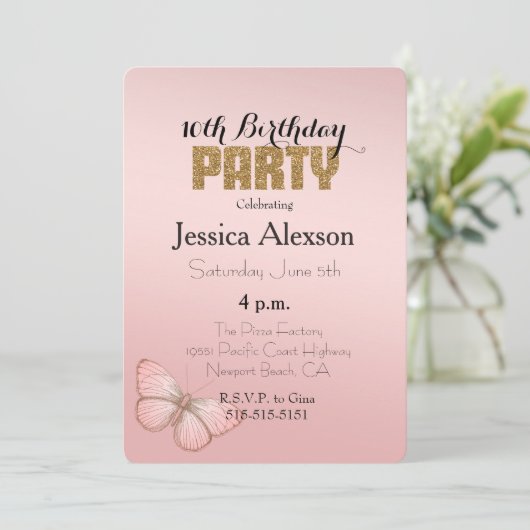 Invitation Bleu rose ombre Parties scintillant or papillon (Debout devant)
