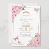 Invitation Bleu rose or Tiara Floral Butterfly Quinceanera (Devant)