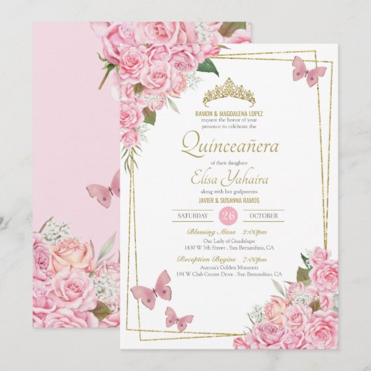 Invitation Bleu rose or Tiara Floral Butterfly Quinceanera (Devant / Derrière)