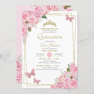 Invitation Bleu rose or Tiara Floral Butterfly Quinceanera