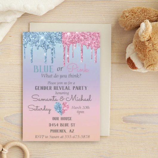 Invitation Bleu rose Parties scintillant gouttes étincelante 