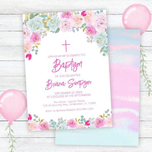 Invitation Bleu rose Pêche Fleurs pourpres Floral Baptême