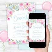 Invitation Bleu rose Pêche Floral Onederday