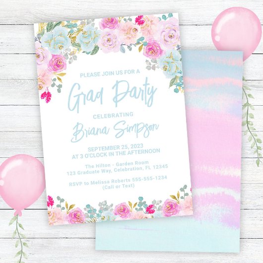 Invitation Bleu rose Pêche pourpre Graduation Grad Party