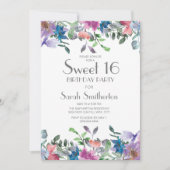 Invitation Bleu rose pourpre Floral Sweet 16 Anniversaire (Devant)