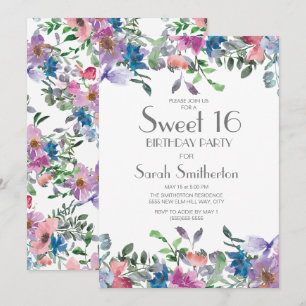 Invitation Bleu rose pourpre Floral Sweet 16 Anniversaire