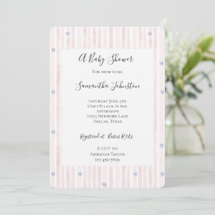 Invitation Bleu rose rayures Baby shower Coeurs Bleus