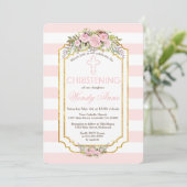 Invitation Bleu rose rayures Floral Gold Christening Invitati (Debout devant)