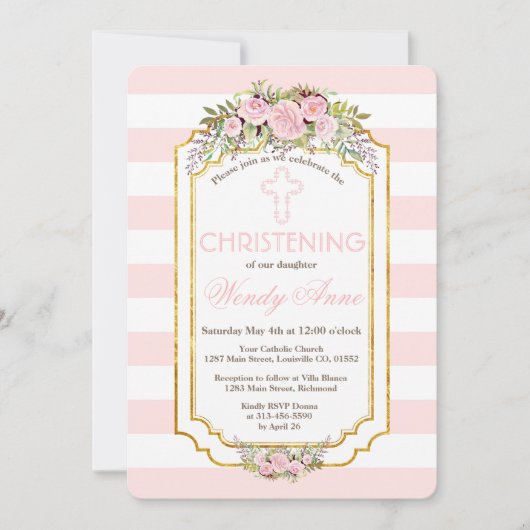 Invitation Bleu rose rayures Floral Gold Christening Invitati (Devant)