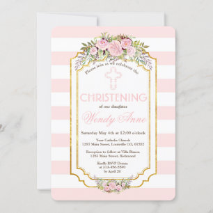 Invitation Bleu rose rayures Floral Gold Christening Invitati