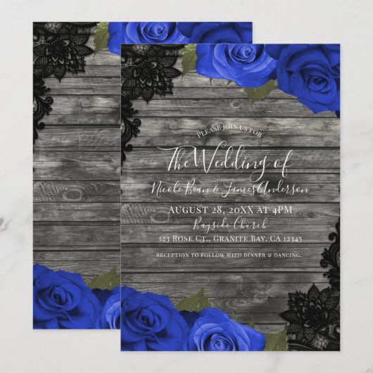 Invitation Bleu Rose Rustique Bois Noir Mariage dentelle (Devant / Derrière)