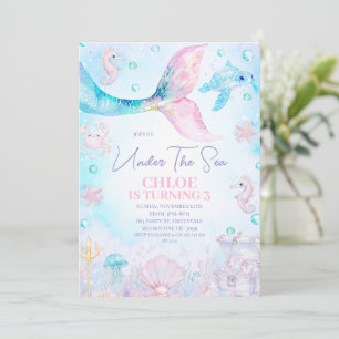 Invitation Bleu rose sirène traîne sous la mer Anniversaire