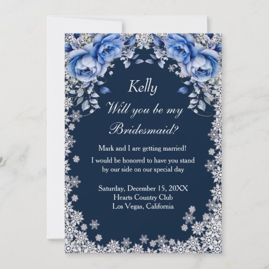 Invitation Bleu Rose Snowflake Noël Bridesmaid (Devant)