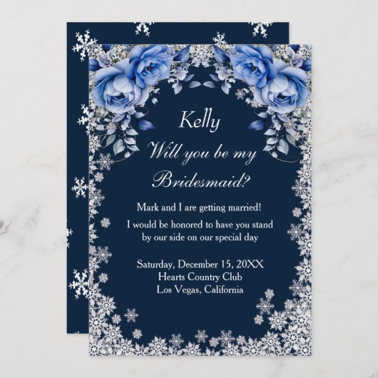 Invitation Bleu Rose Snowflake Noël Bridesmaid (Devant / Derrière)