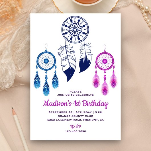 Invitation Bleu rose Tribal Boho Dream Catcher fête d'anniver