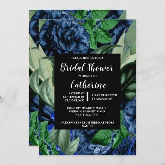 Invitation Bleu rose verdure fleurs botaniques florales (Devant / Derrière)