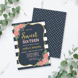 Invitation Bleu, Roses Roses Roses Roses Roses Douces 16 Invi<br><div class="desc">Jeter la fille d'anniversaire une fête pour célébrer l'âge de 16 ans? Invitations amis et famille avec cette jolie invitation sweet sixteen avec une fausse bordure d'or, des rayures bleues et blanches, des roses roses rousses et un côté arrière à motifs. Personnalisez-le en remplaçant le texte de l'espace réservé. Pour...</div>