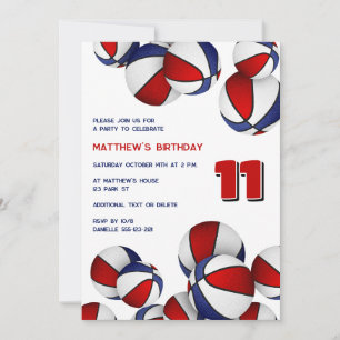 Invitation bleu rouge basket-ball enfants sport anniversaire