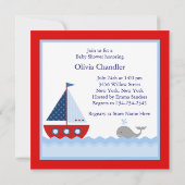 Invitation Bleu Rouge Bateau à voile Baleine Bébé Garçon Douc (Dos)