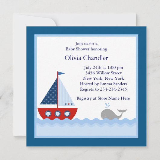 Invitation Bleu Rouge Bateau à voile Baleine Bébé Garçon Douc (Dos)