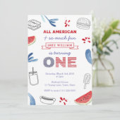 Invitation Bleu Rouge Cuisine 1er Anniversaire Fête Unisex (Debout devant)