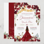 Invitation Bleu rouge Élégant papillon floral Quinceanera V3 (Devant / Derrière)