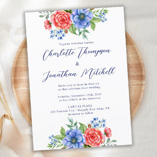 Invitation Bleu Rouge Floral 4 Juillet Mariage patriotique