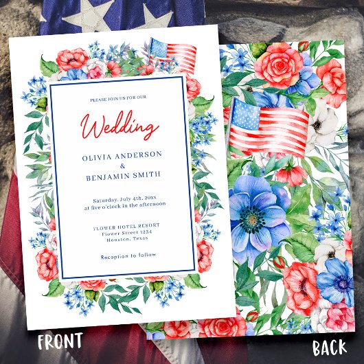 Invitation Bleu Rouge Floral 4 Juillet Mariage patriotique