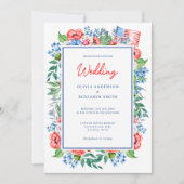 Invitation Bleu Rouge Floral 4 Juillet Mariage patriotique (Devant)