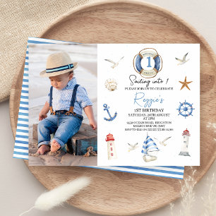 Invitation Bleu rouge moderne voile dans Nautique 1er anniver