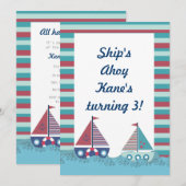 Invitation Bleu rouge Nautique Bateau à voile Anniversaire In (Devant / Derrière)
