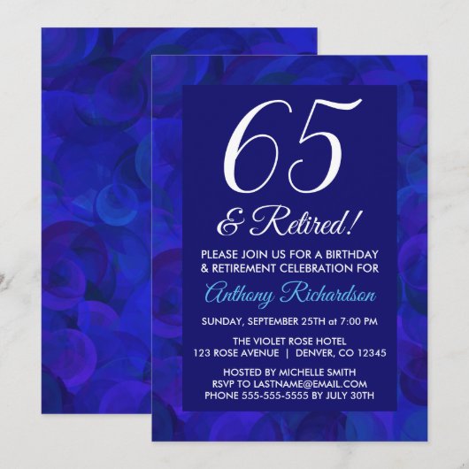 Invitation Bleu Royal 65 et Fête de Retraite Retraité (Devant / Derrière)