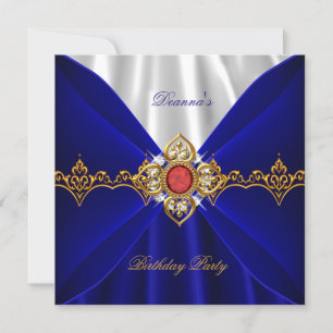 Invitation Bleu Royal Anniversaire Or Rouge Bijou Blanc Soie