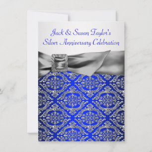 Invitation Bleu Royal Argent Damassé Argent 25e Anniversaire