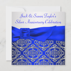 Invitation Bleu Royal Argent Damassé Argent 25e Anniversaire