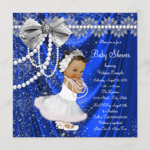 Invitation Bleu Royal Argent Satiné Perle Ethnique Baby Showe