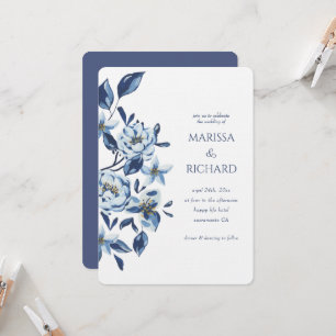 Invitation Bleu Royal Blanc Floral Botanique