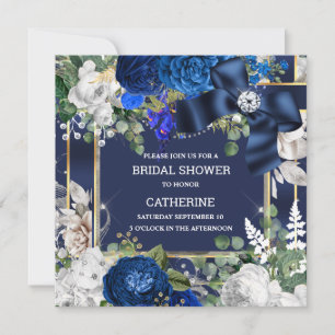 Invitation Bleu royal blanc paillettes nœud diamant élégant c