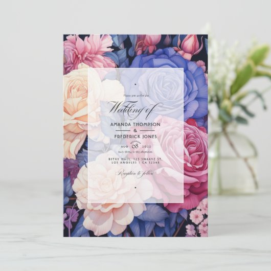 Invitation Bleu Royal, Champagne, Rose crème & Mariage Mauve (Debout devant)