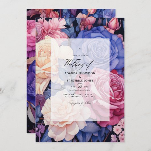 Invitation Bleu Royal, Champagne, Rose crème & Mariage Mauve (Devant / Derrière)