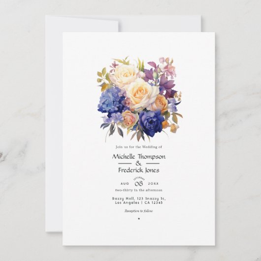 Invitation Bleu Royal, Champagne, Rose crème & Mariage Mauve (Devant)