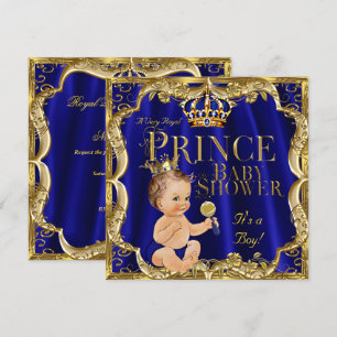 Invitation Bleu Royal Couronne Dorée Prince Bébé Shower Brune
