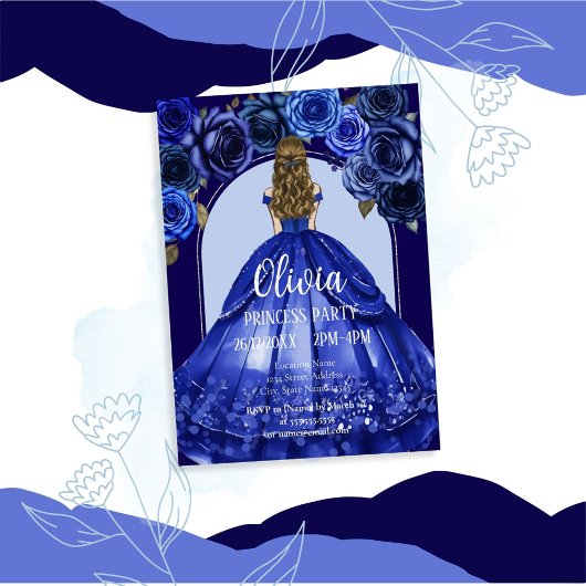 Invitation Bleu Royal Élégant Fête de Princesse pour Quinceañ