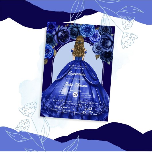 Invitation Bleu Royal Élégants Accents Floraux Fête Princesse
